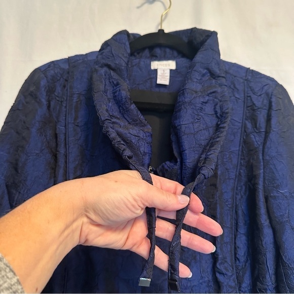 Vintage Chico’s Silky Feel Jacket Asian Style Jacket Metallic Blue Zip Up Sz 1 M - Picture 2 of 11